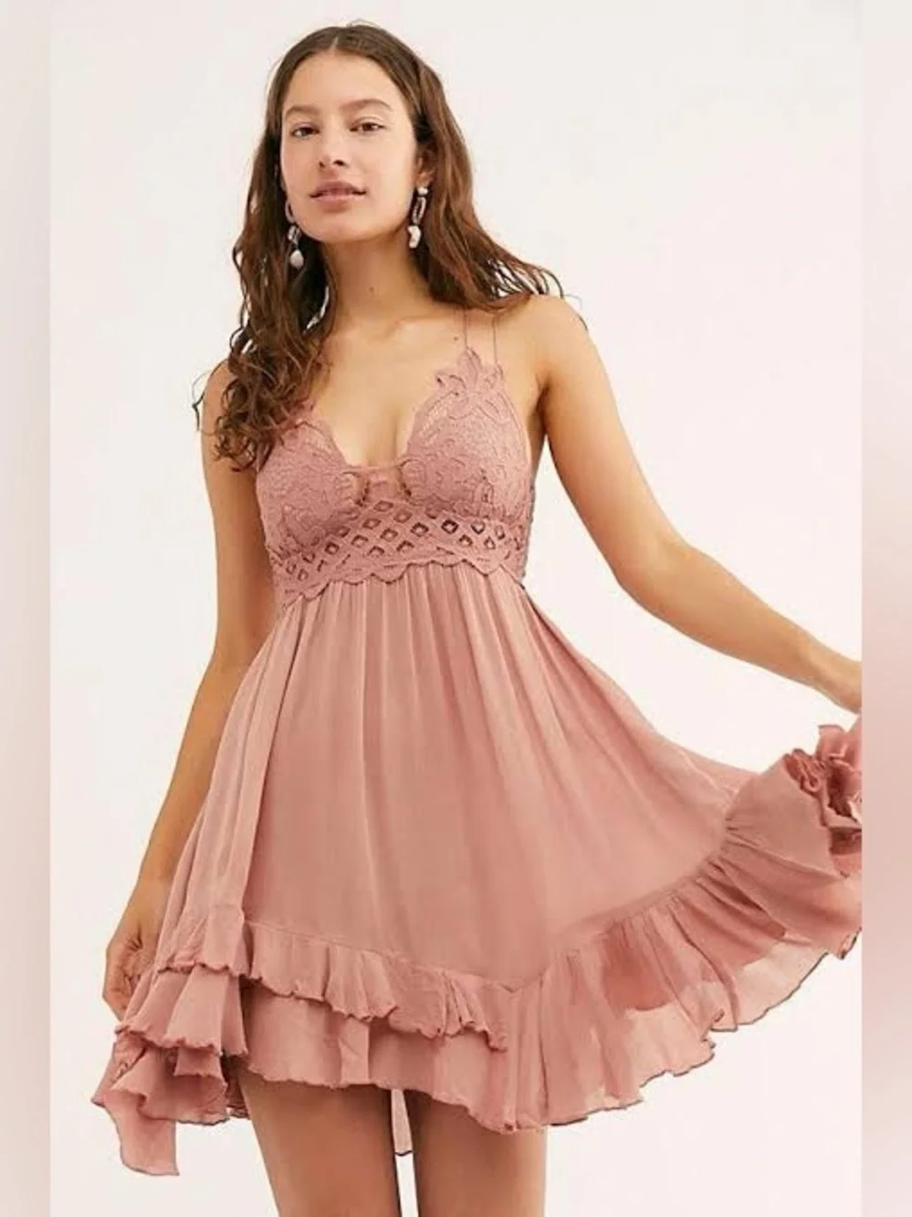 NWT Free People Adella Slip Lace short Dress Plunging Neckline Pink Rose ~ Small